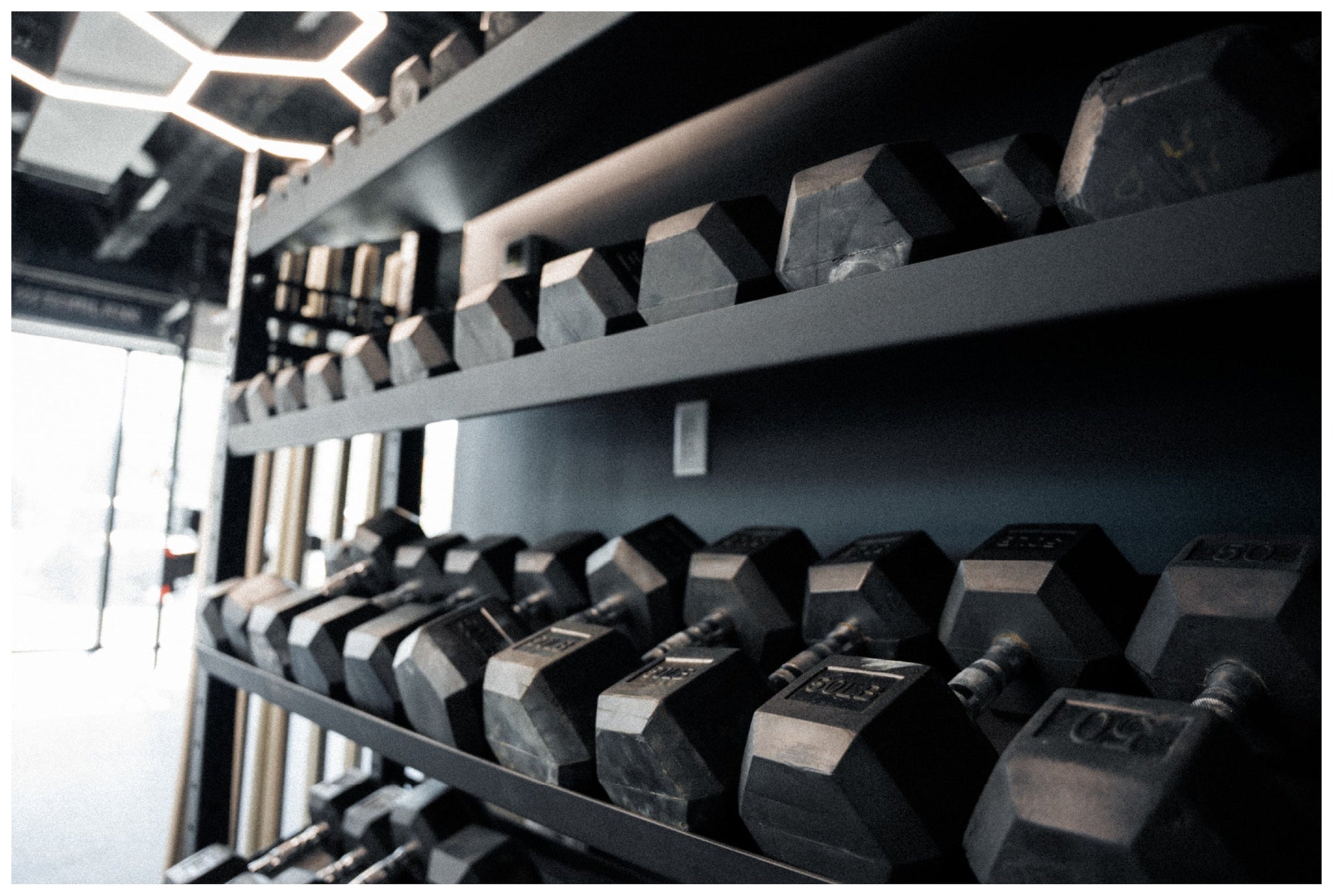 Commercial gym dumbbell storage rack with organized hex dumbbells, showing a clean and efficient strength training area for gym owners.