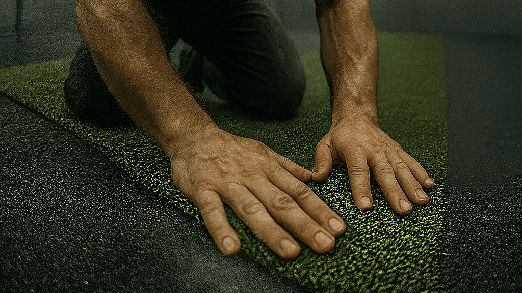 Installation of commercial custom gym turf in Canada, durable flooring solution for fitness centers, CrossFit & Hyrox gyms and performance training facilities