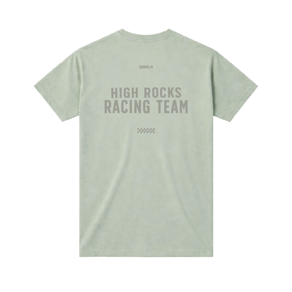Light green t-shirt with 'High Rocks Racing Team' text on a white background