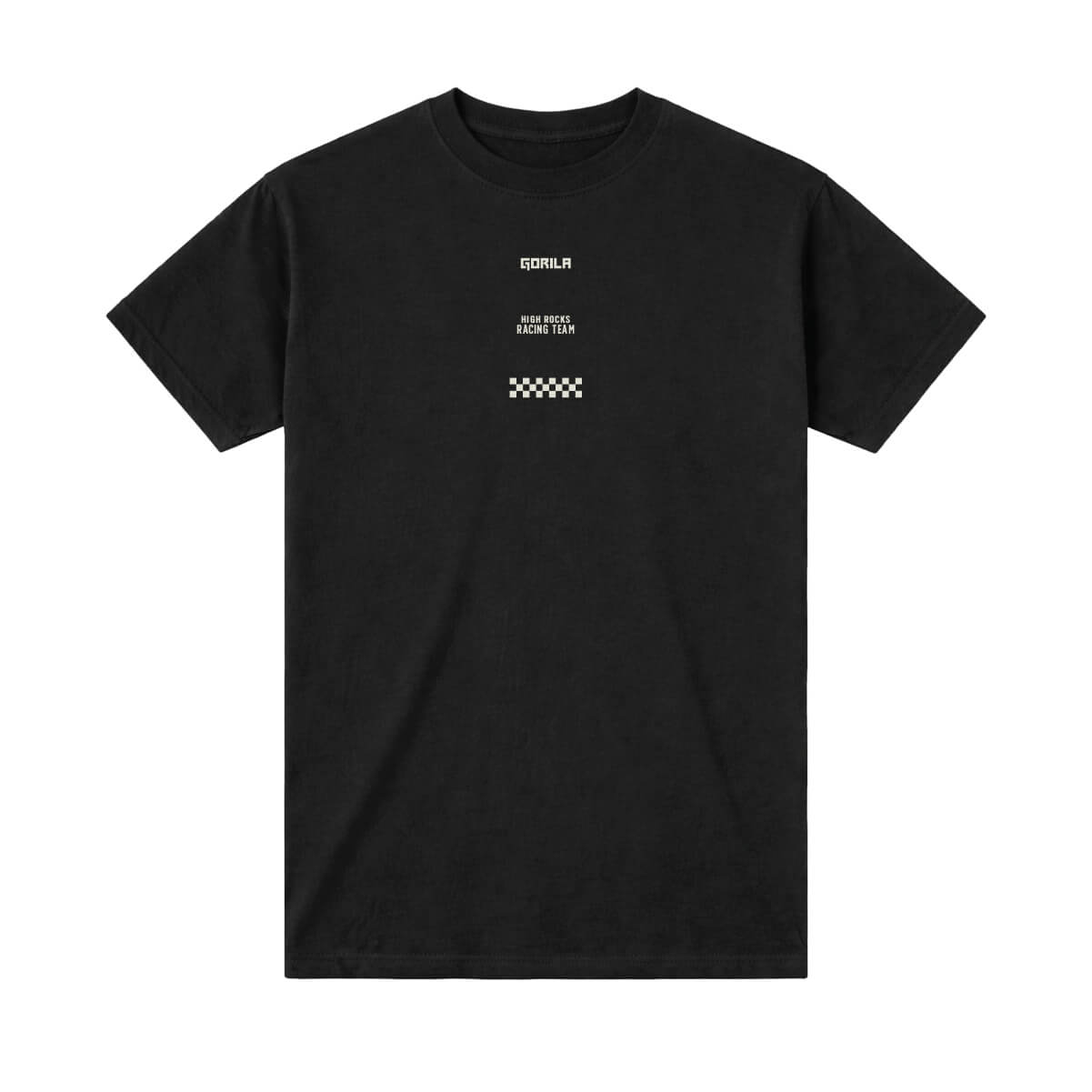 Black t-shirt with off-white text and graphics on a white background