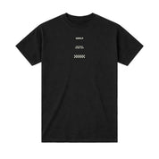 Black t-shirt with off-white text and graphics on a white background