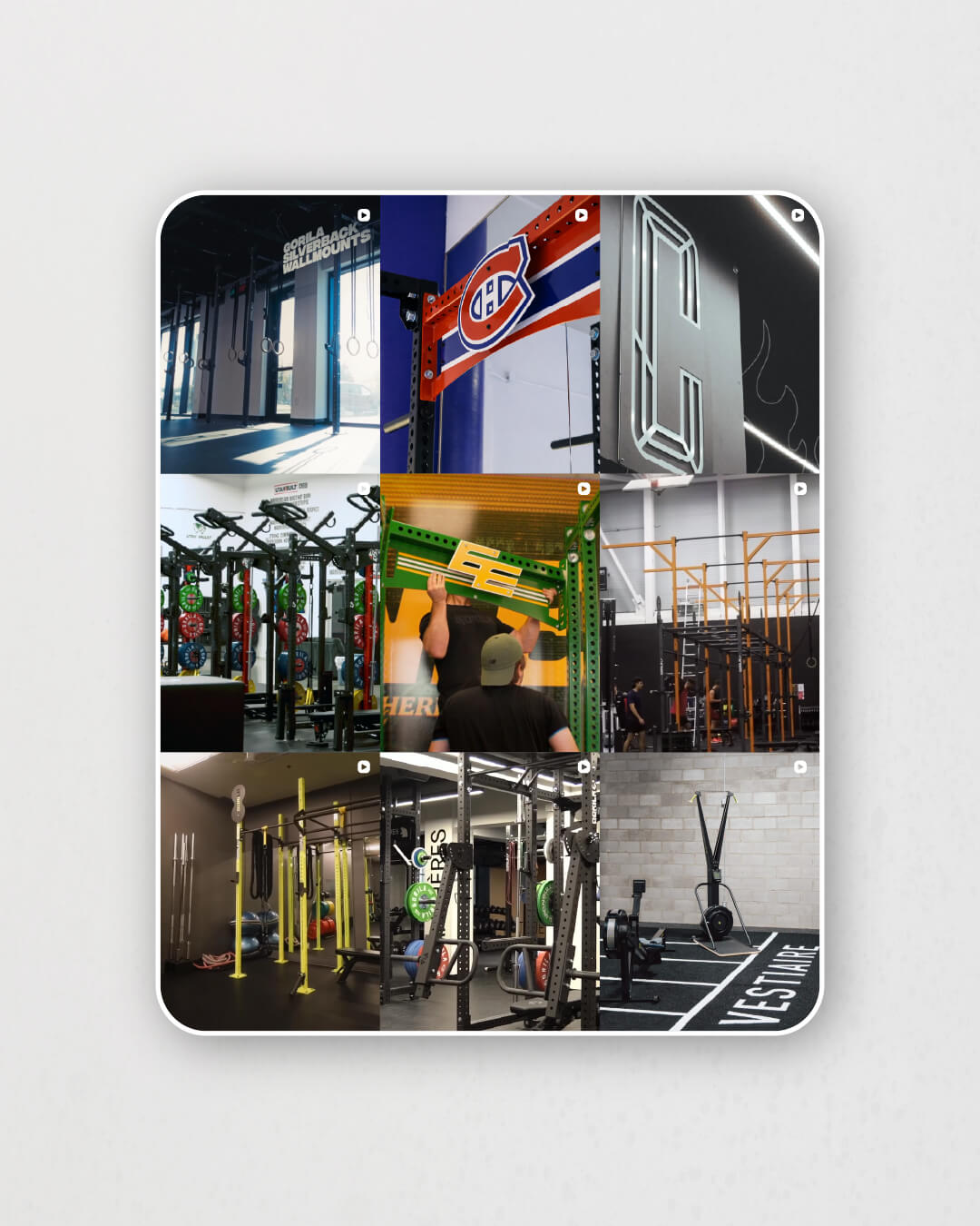 Instagram grid showing multiple custom gym installations by Gorila Fitness, including branded power racks, a Montreal Canadiens themed rack plate, full rig setups with barbells and bumper plates, turf training zones, sled lanes, and a wall mounted illuminated logo sign.