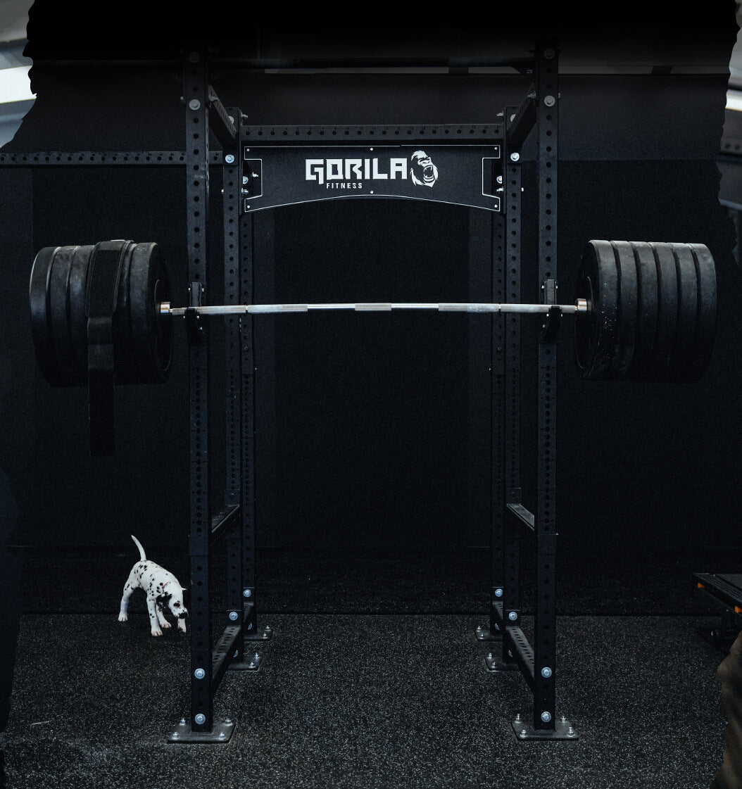 Gorila Fitness mobile banner showcasing a premium power rack fully loaded with a barbell and bumper plates. Ideal for garage gyms, home fitness spaces, and commercial gym facilities. Designed for strength training, functional workouts, and military-grade performance. Built with durable, high-quality materials to support athletes of all levels, from beginners to elite professionals.