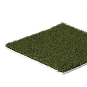 Close-up of a sample of green athletic turf, showcasing the high-density fibers and durable texture.