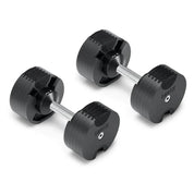 Timeless NÜOBELL 50lb adjustable dumbbell featuring a chrome handle and sleek black plates, crafted for Canadian home gyms.