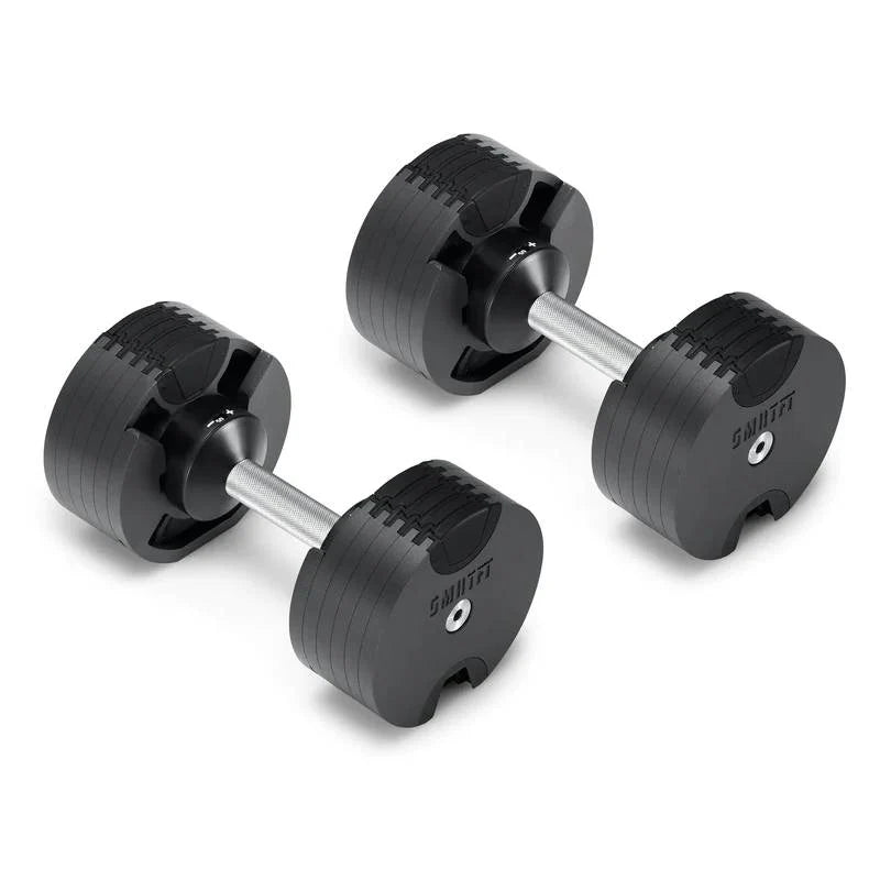 Timeless NÜOBELL 50lb adjustable dumbbell featuring a chrome handle and sleek black plates, crafted for Canadian home gyms.