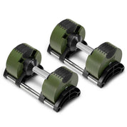 Unique NÜOBELL 50lb adjustable dumbbell in a rugged military green handle finish with contrasting black weight plates, offering a bold aesthetic for strength training.