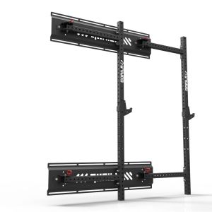 Wall-mounted CAMO Power Rack folded against the wall, showcasing its compact profile and space-saving feature.