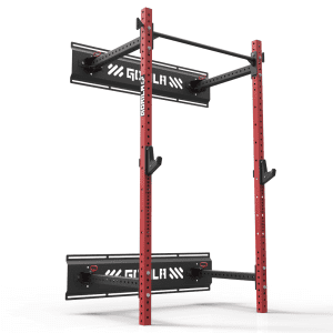 Red Gorila Camo S35 Retractable Wallmount Squat Rack on a white background. Showcasing both its unique solid wing screw system and the overall aesthetics.