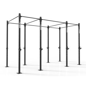 A 3D render of a Gorila Silverback Rig, showcasing its solid black frame against a stark white background. This power rack stands with a series of vertical posts and horizontal bars, designed for a variety of strength training exercises. Each post is ador