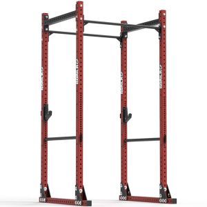 Gorila Fitness Canadian Made SP3B Power Rack Station in Red with Spotter Arms and pull-up bars on white background.