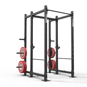 A sleek Gorila Silverback Power Rack SP3R, showcasing its robust matte black steel frame and 90-inch tall uprights in a clean gym environment.