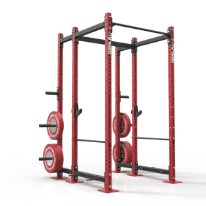 The SP3R Power Rack painted in vibrant red, highlighting the customizable color option and the sturdy 2.5" square steel construction.