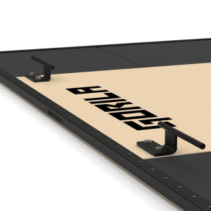 Enhance Your Deadlifts with Pegs – Suitable for Lifting Platforms or Ground Anchoring. Displayed on a Weightlifting Platform Against a Striking Black on White Background.